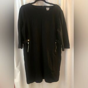 Chico's Women’s Black Ponte Sheath Dress, Waist Tabs w/Gold Snap Accent; Size 3